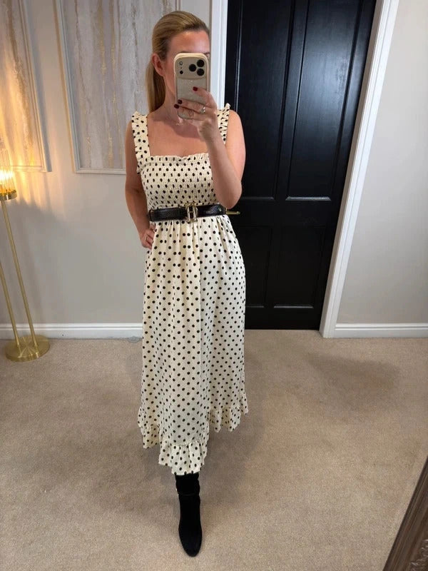 Zara Cream & Black Polka Dot Midi Dress Small