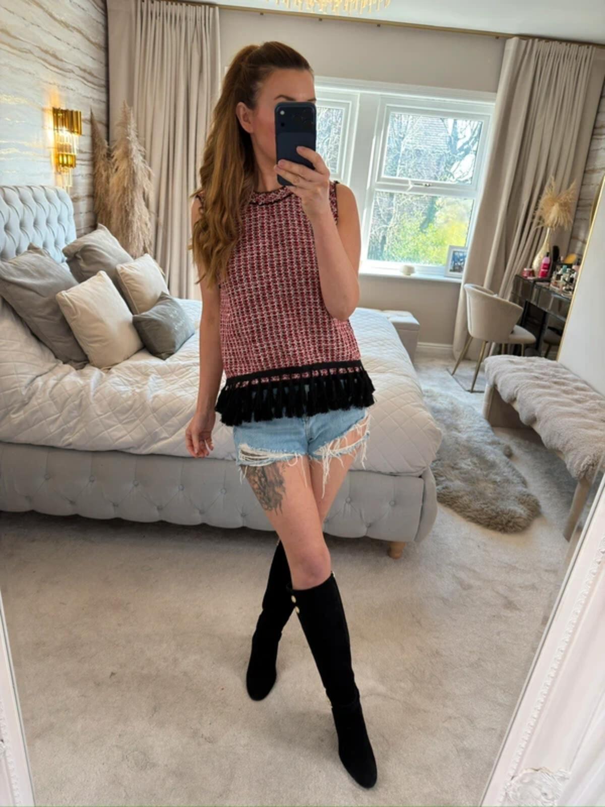 Zara Red Tweed Fringe Blouse Small