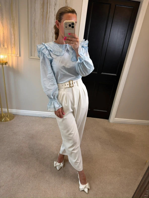 BNWT River Island Light Blue Frill Blouse Petite Size 10