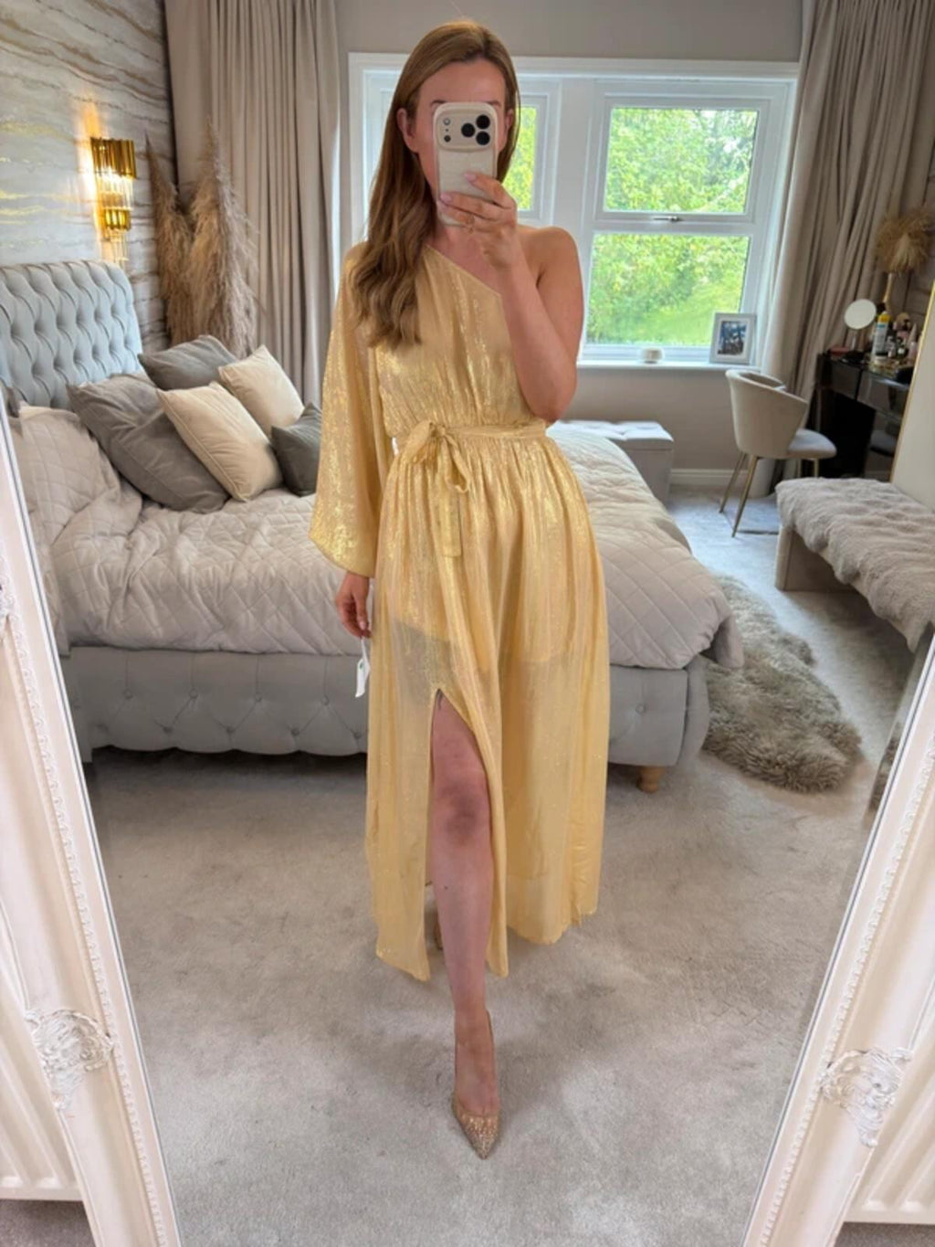 BNWT Sundress Gold Metallic One Shoulder Belted Dress Small