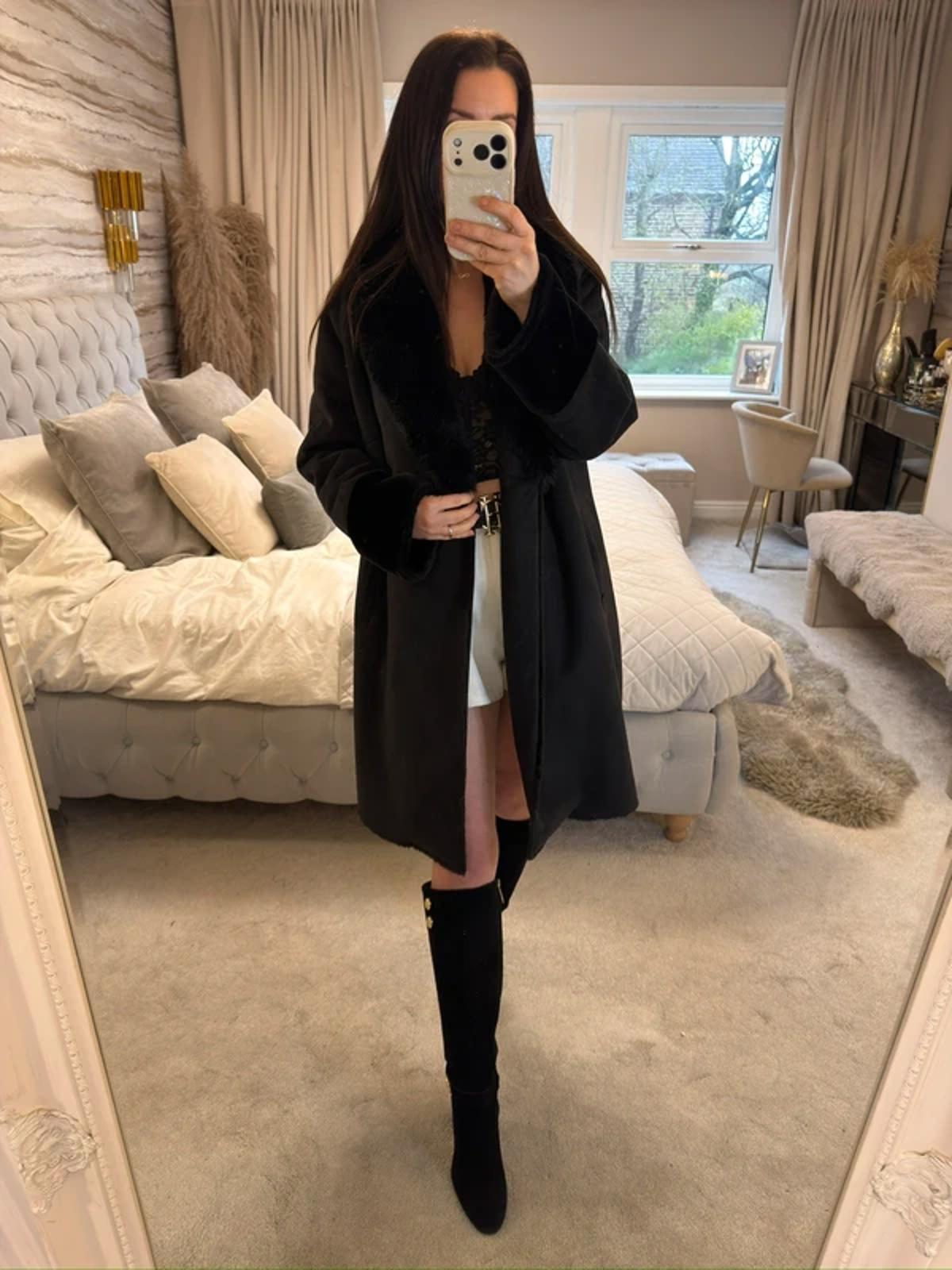 Jigsaw Black Faux Fur Coat Medium