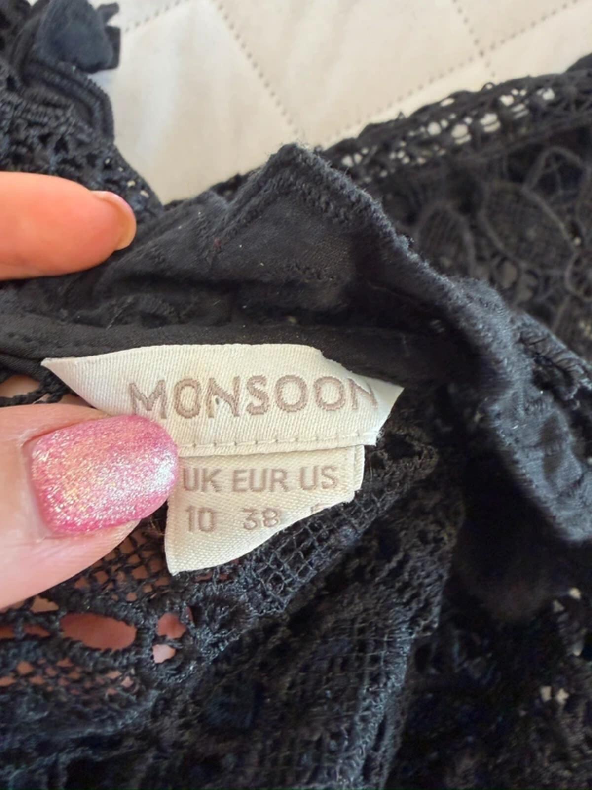 Monsoon Black Sheer Lace Boho Frill Blouse 10