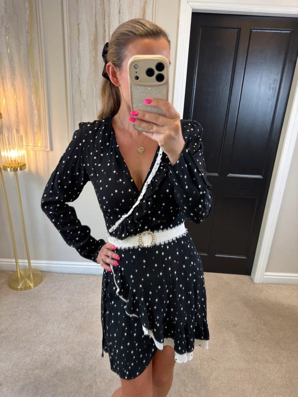 Nobody’s Child Black & White Polka Dot Frill Wrap Dress Size 8
