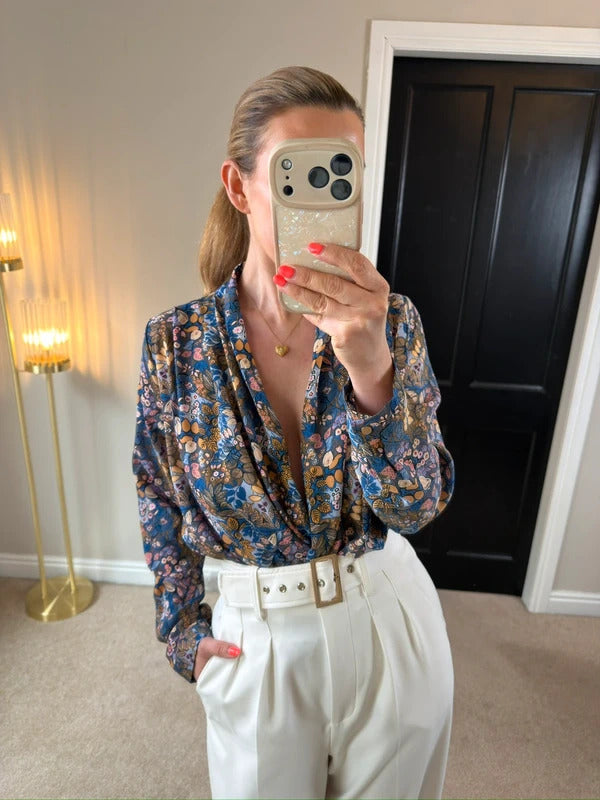 Sarah John Floral Plunge Blouse Size Medium