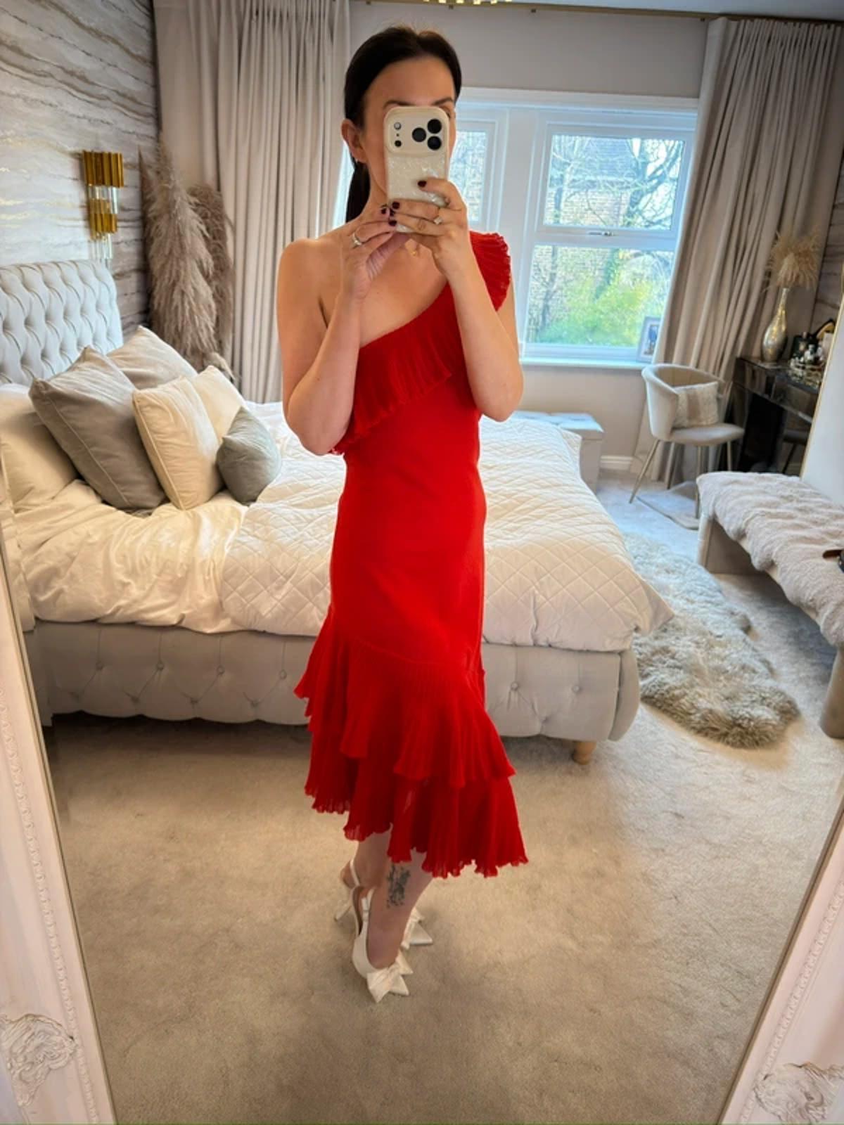 BNWT Mango Red Asymmetrical Frill Midi Dress Medium