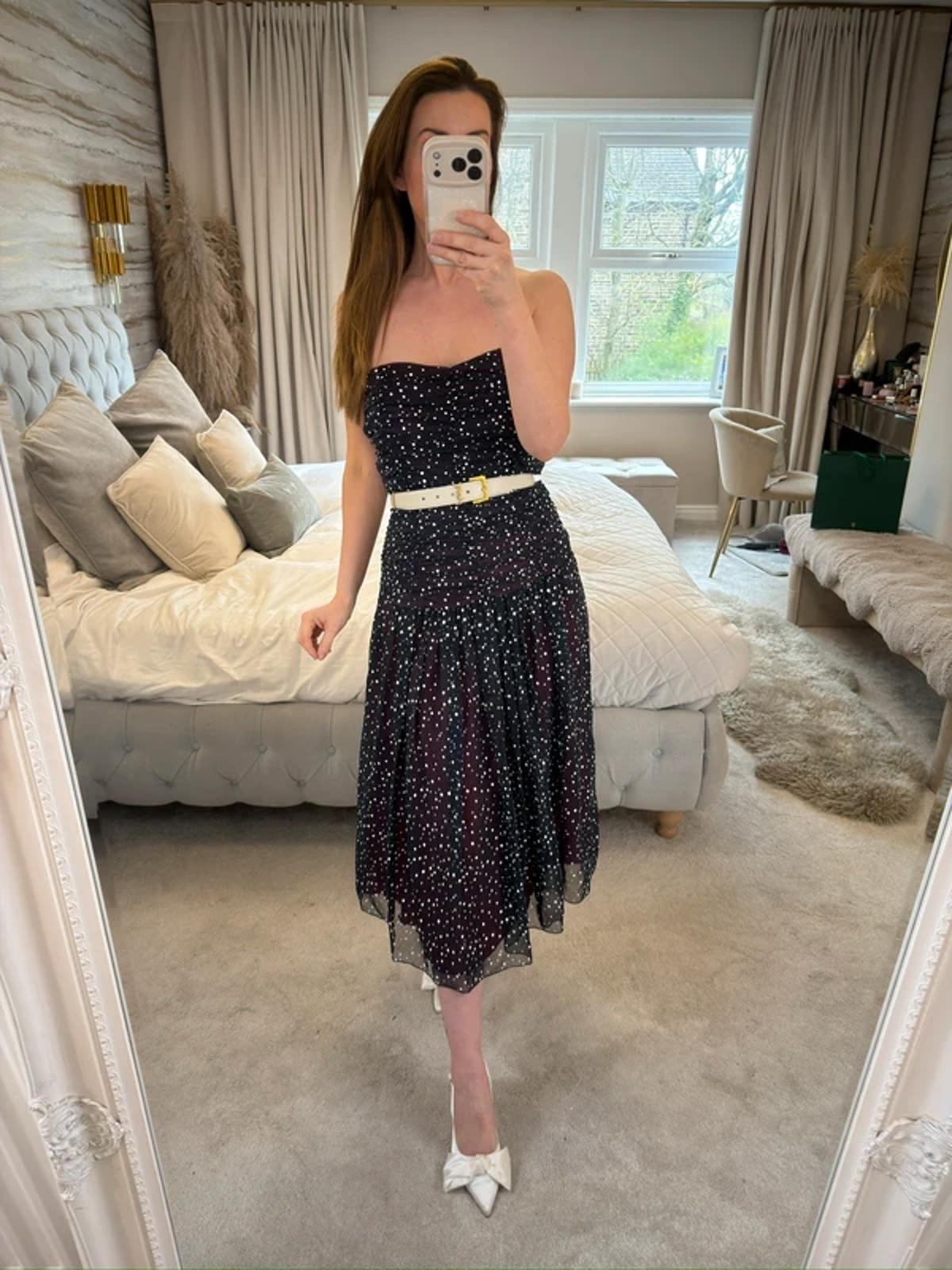 Vintage Navy Spotted Strapless Midi Dress 10/12