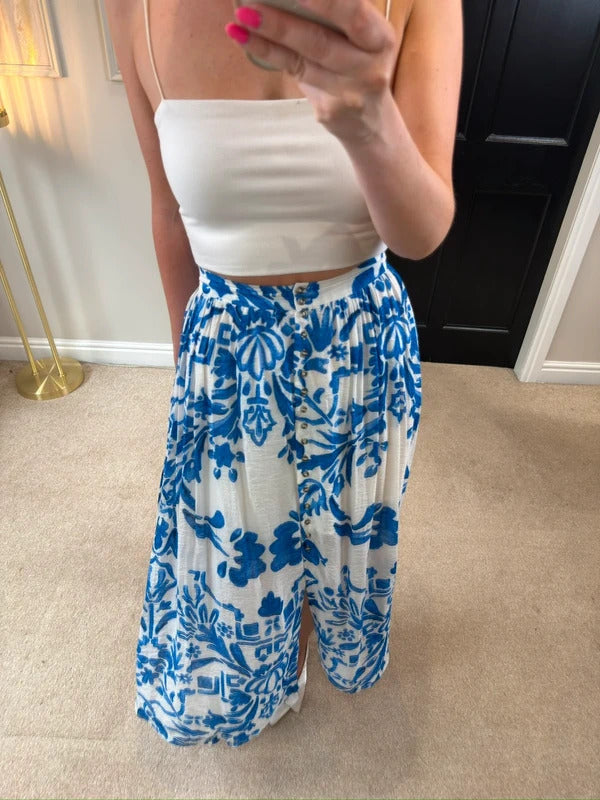 H&M Blue & White Floral Midi Skirt XS