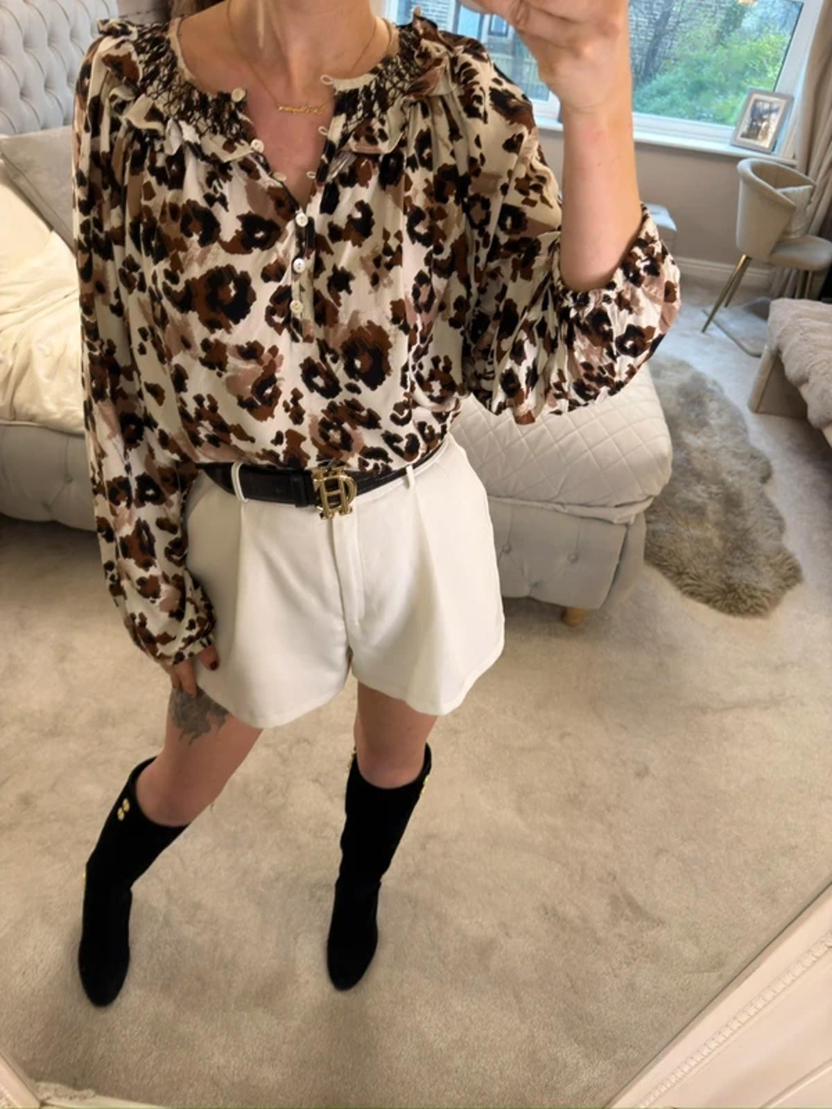 White & Brown Boho Animal Print Blouse 16
