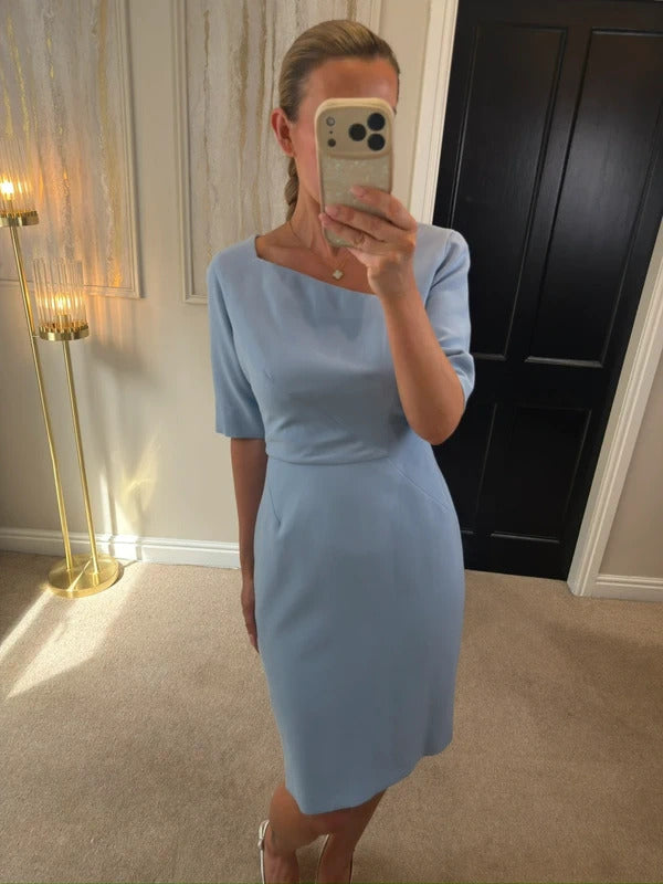 Libby Light Blue Richmond Asymmetrical Neckline Tailored Dress 12