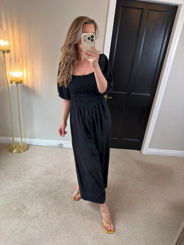 ASOS Navy Cotton & Linen Blend Wide Leg Cropped Jumpsuit 14/16