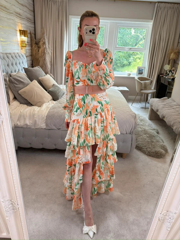 Moocci White & Orange Floral Tiered Skirt Co Ord Small