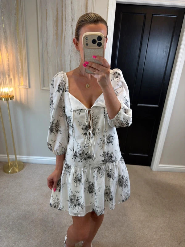 H&M White Floral Tie Front Drop Hem Dress Medium BNWT