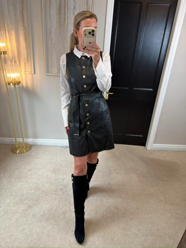 F&F Black Faux Leather Belted Dress 10