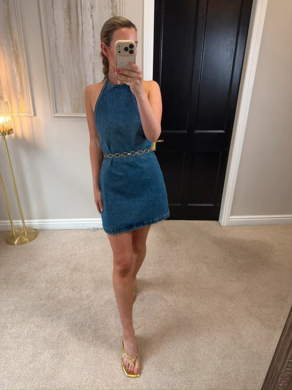 Zara Denim Low Back Mini Dress Size Medium