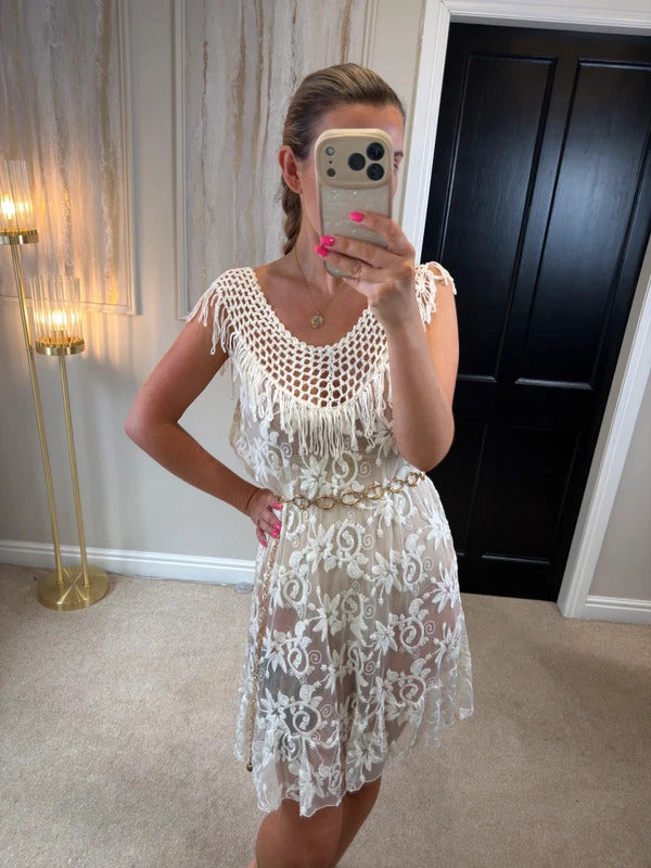 Boutique Ivory Sheer Lace Fringe Mini Dress One Size