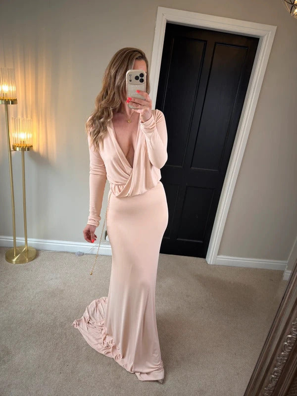 Gorgeous Couture Light Pink / Nude Plunge Dress Small