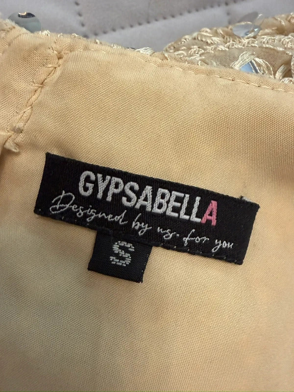 Gypsabella Beige / Gold Portia Boho Embellished Dress Small