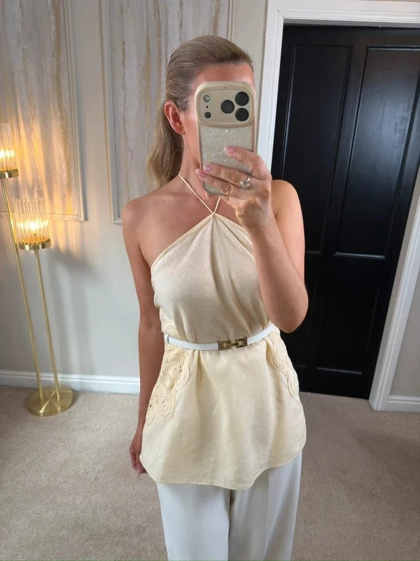 M&S Cream Linen Blend Crochet Blouse 14