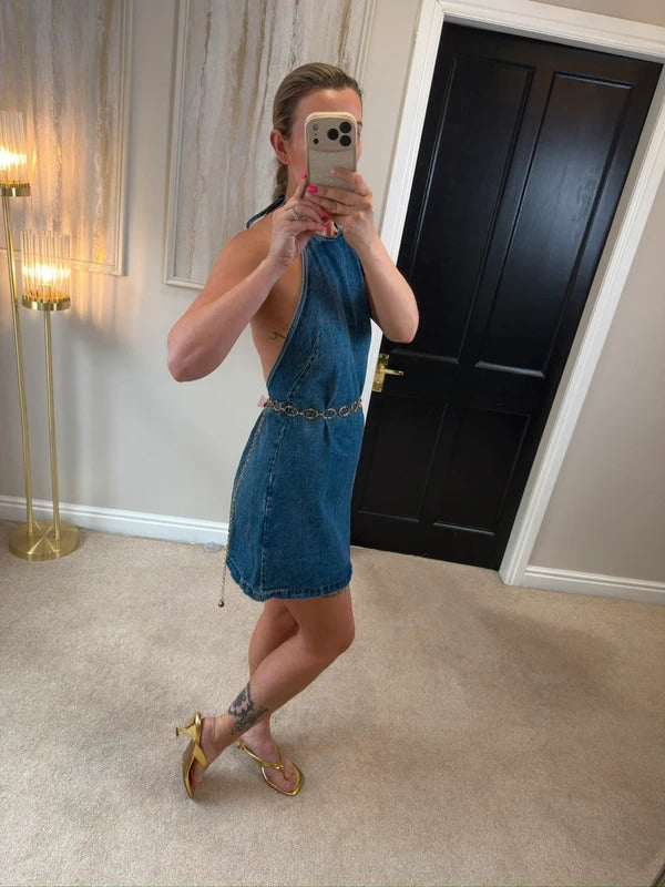 Zara Denim Low Back Mini Dress Size Medium