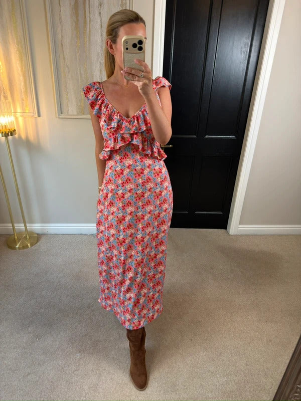 F&F Multicoloured Floral Frill Midi Dress 10