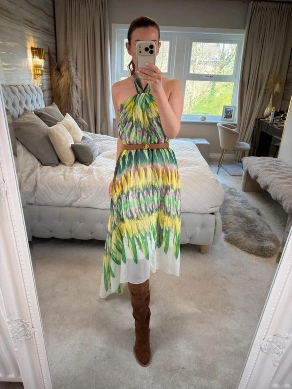 Caroline Morgan Green & Yellow Halterneck Dip Hem Dress 8
