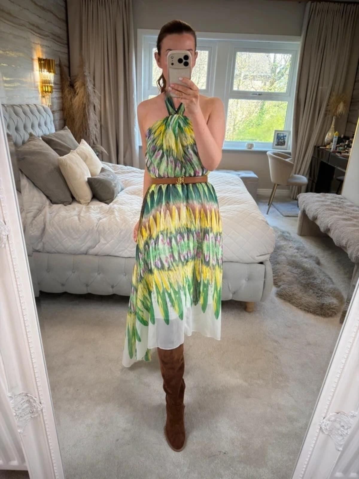 Caroline Morgan Green & Yellow Halterneck Dip Hem Dress 8