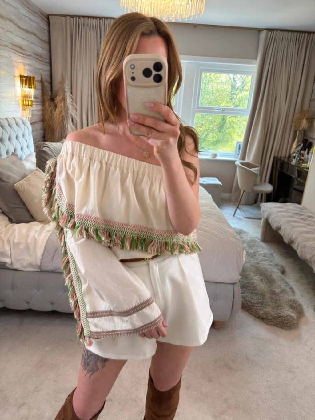 Celia Dragouni Cream Boho Tassel Blouse