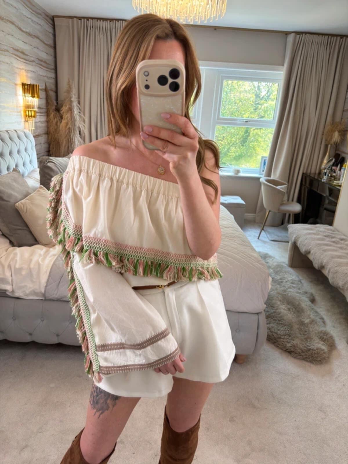 Celia Dragouni Cream Boho Tassel Blouse