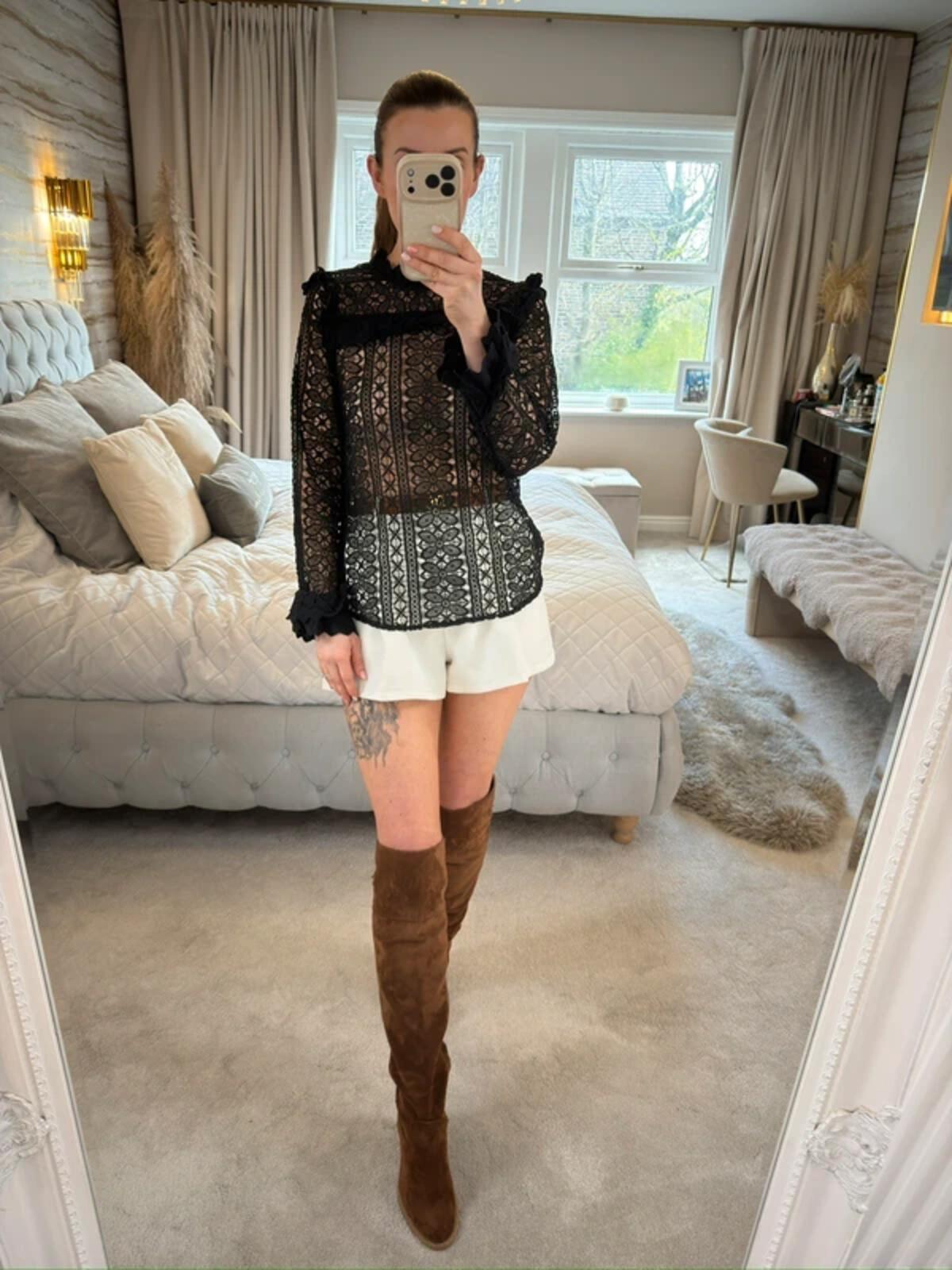 Monsoon Black Sheer Lace Boho Frill Blouse 10