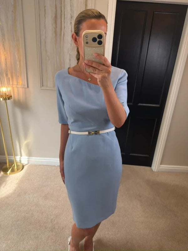 Libby Light Blue Richmond Asymmetrical Neckline Tailored Dress 12