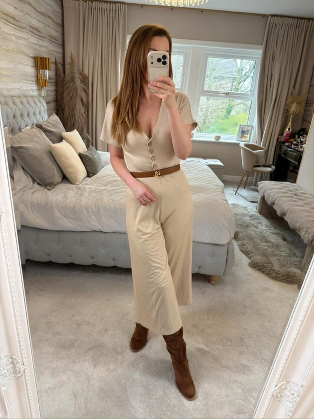 Stradivarius Beige Stripe Cropped Wide Leg Jumpsuit Small