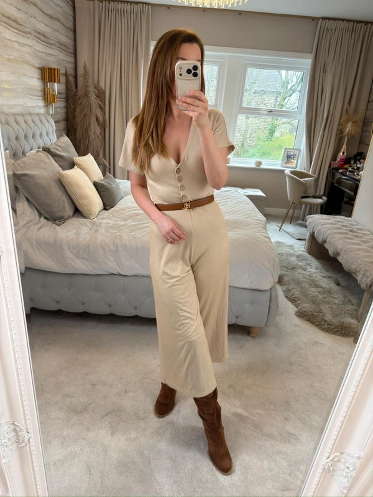 Stradivarius Beige Stripe Cropped Wide Leg Jumpsuit Small
