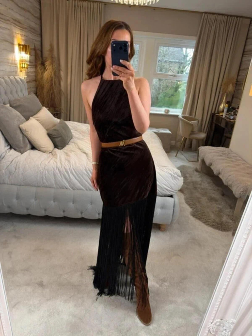 BNWT Brown Velvet Fringe Festival Dress Medium