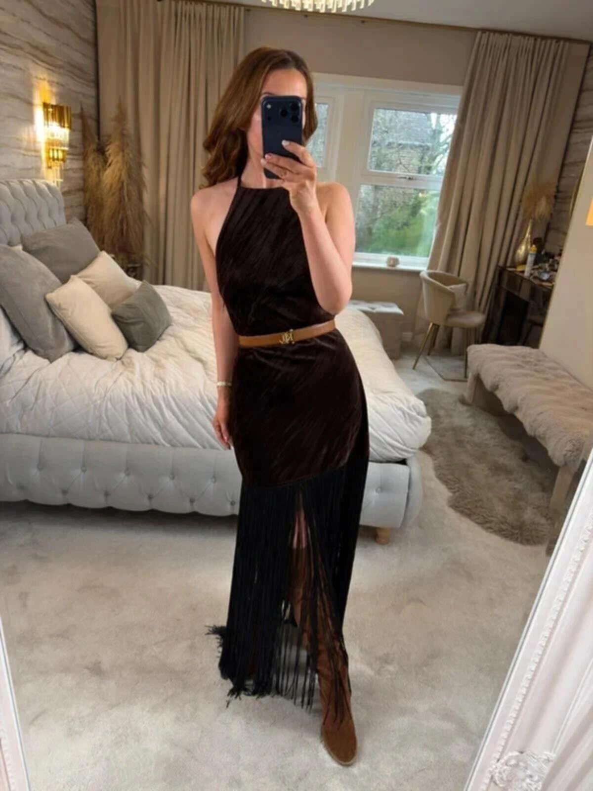 BNWT Brown Velvet Fringe Festival Dress Medium