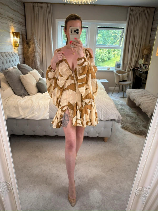 ASOS Beige & Brown Boho Gold Chain Open Back Mini Dress 10