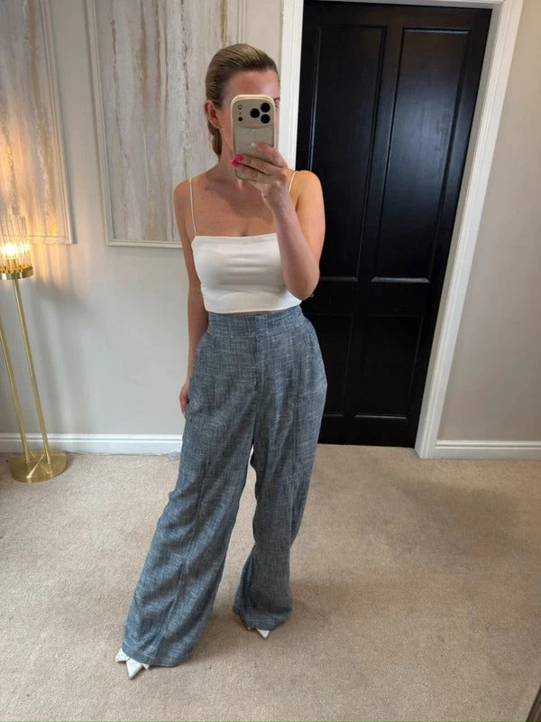 BNWT Zara Blue Linen Blend Wide Leg Trousers Size Medium