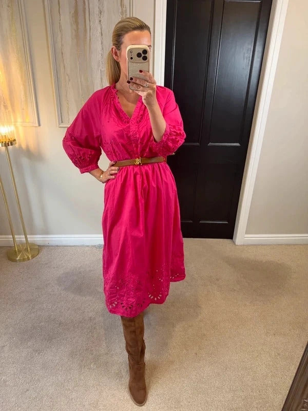 M&S Pink Broderie Anglaise Midi Dress 14