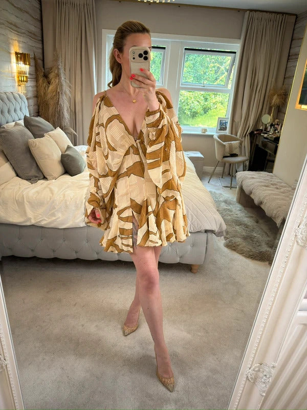 ASOS Beige & Brown Boho Gold Chain Open Back Mini Dress 10