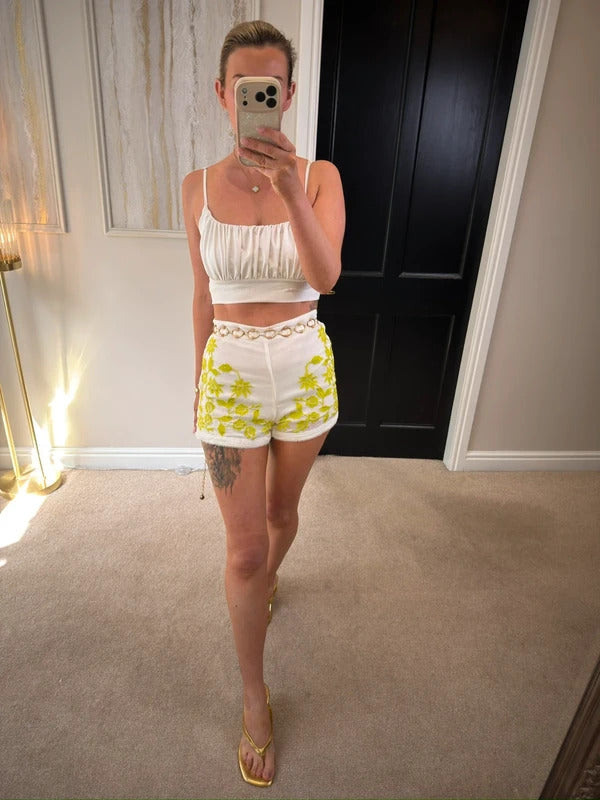 Topshop White & Green Embroidered Shorts 8