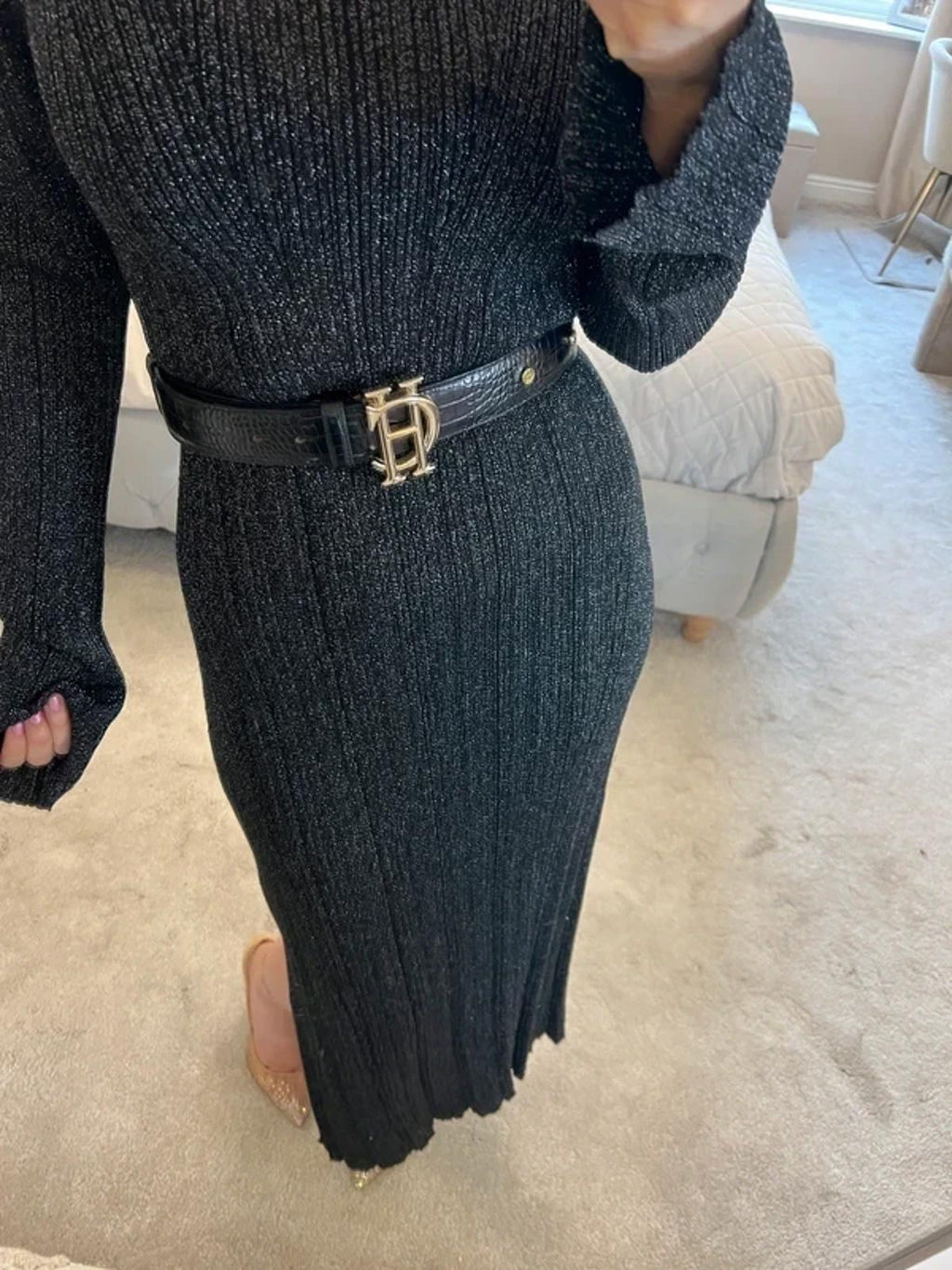 Next Black Sparkle Knit Midi Dress Large