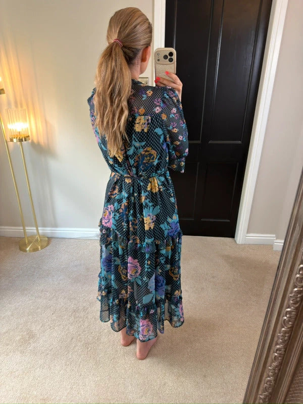 Next Navy Floral Tiered Frill Midi Dress 12