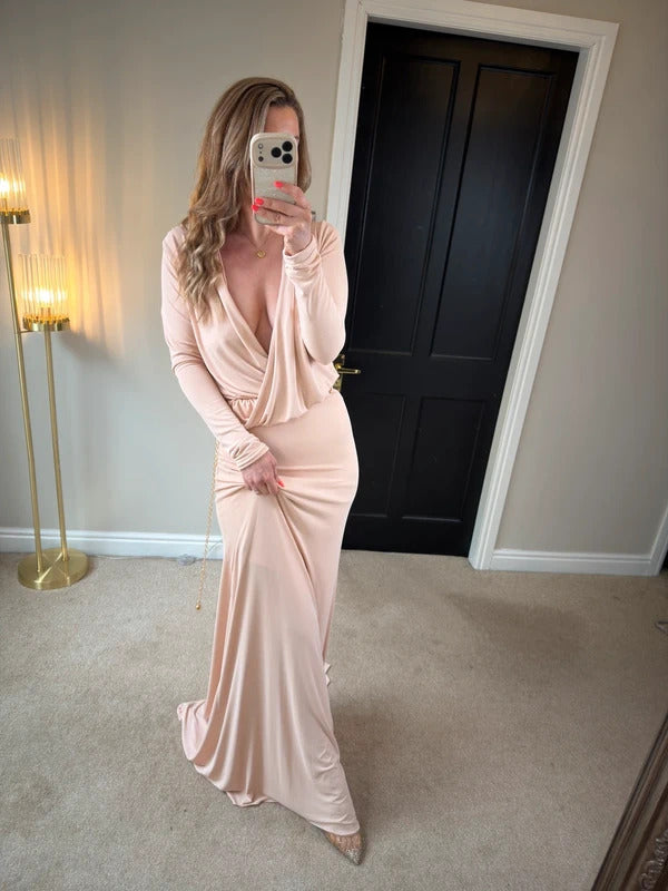 Gorgeous Couture Light Pink / Nude Plunge Dress Small