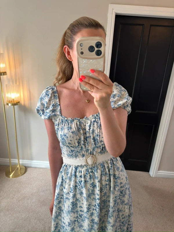 H&M White & Blue Floral Midi Dress Small
