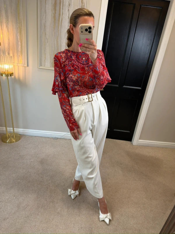 Papaya Red & Blue Sheer Paisley Frill Blouse 10