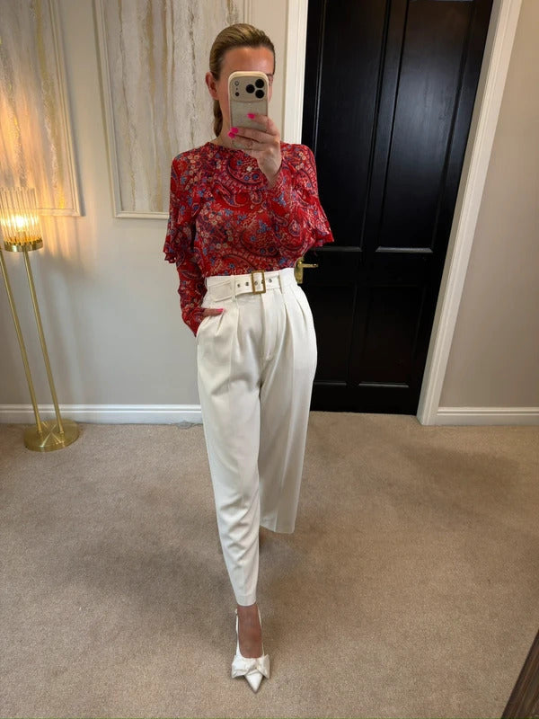 Papaya Red & Blue Sheer Paisley Frill Blouse 10