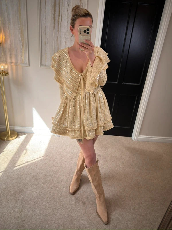 Gypsabella Beige / Gold Portia Boho Embellished Dress Small