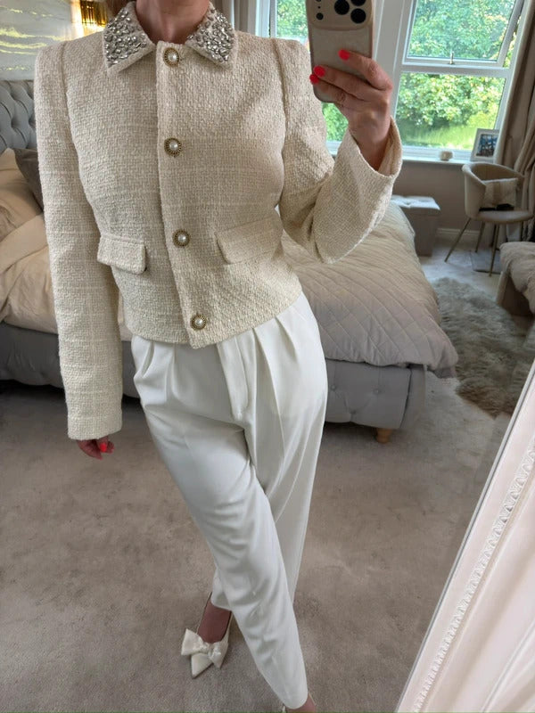BNWT River Island Cream Embellished Tweed Blazer 12
