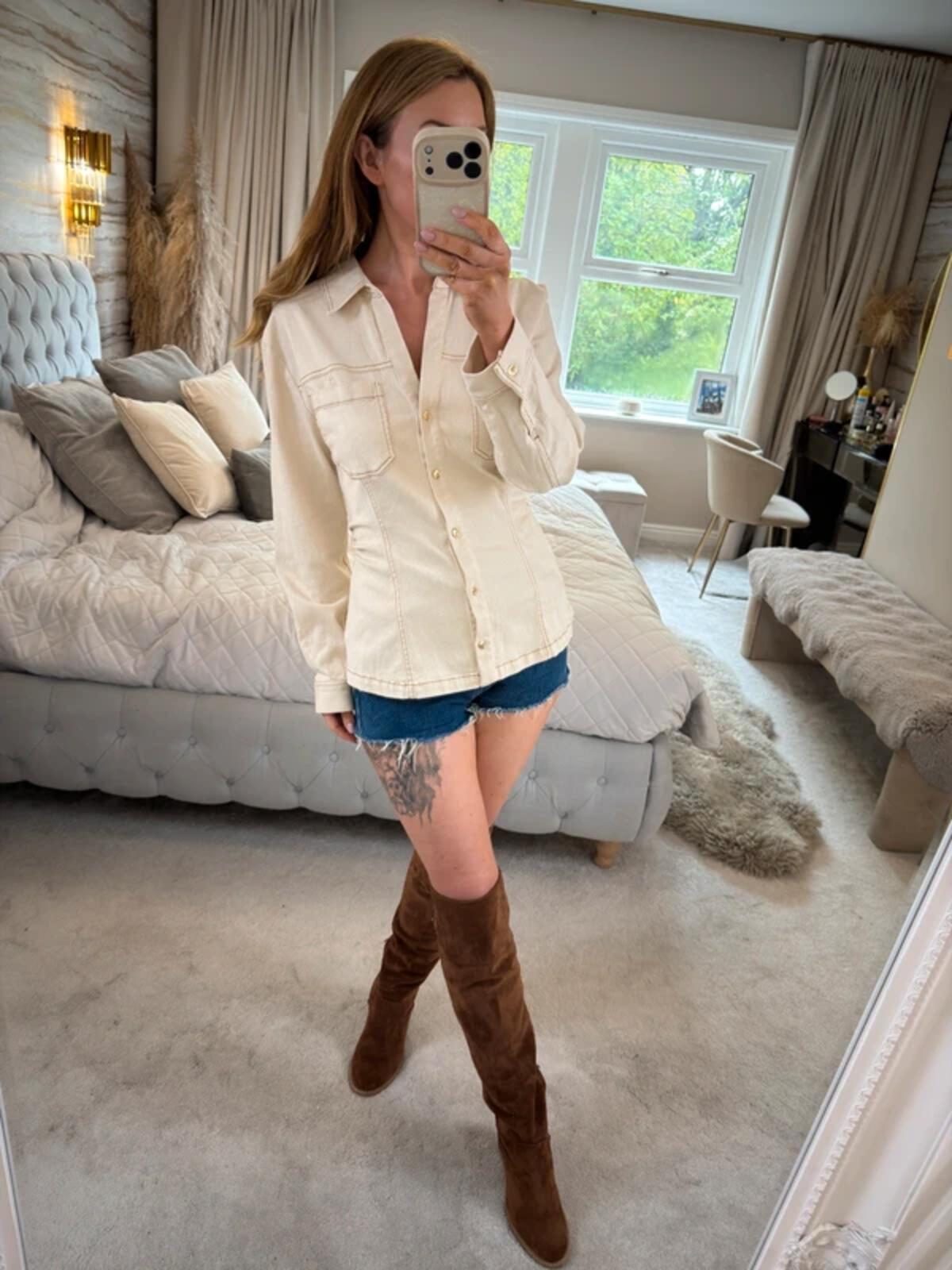 Zara Cream Denim Fitted Shirt Large