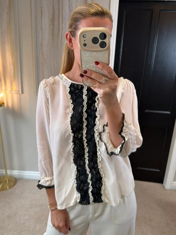 River Island Cream & Black Lace Frill Embellished Blouse 14