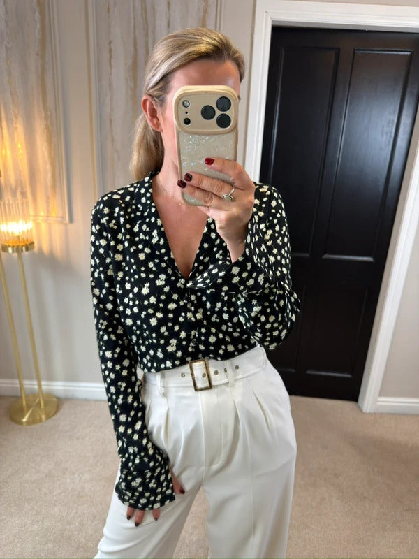 M&S Black Daisy Button Front Blouse 8